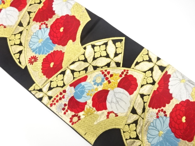 JAPANESE KIMONO / ANTIQUE FUKURO OBI / WOVEN FLOWER SHIPPO PATTERN